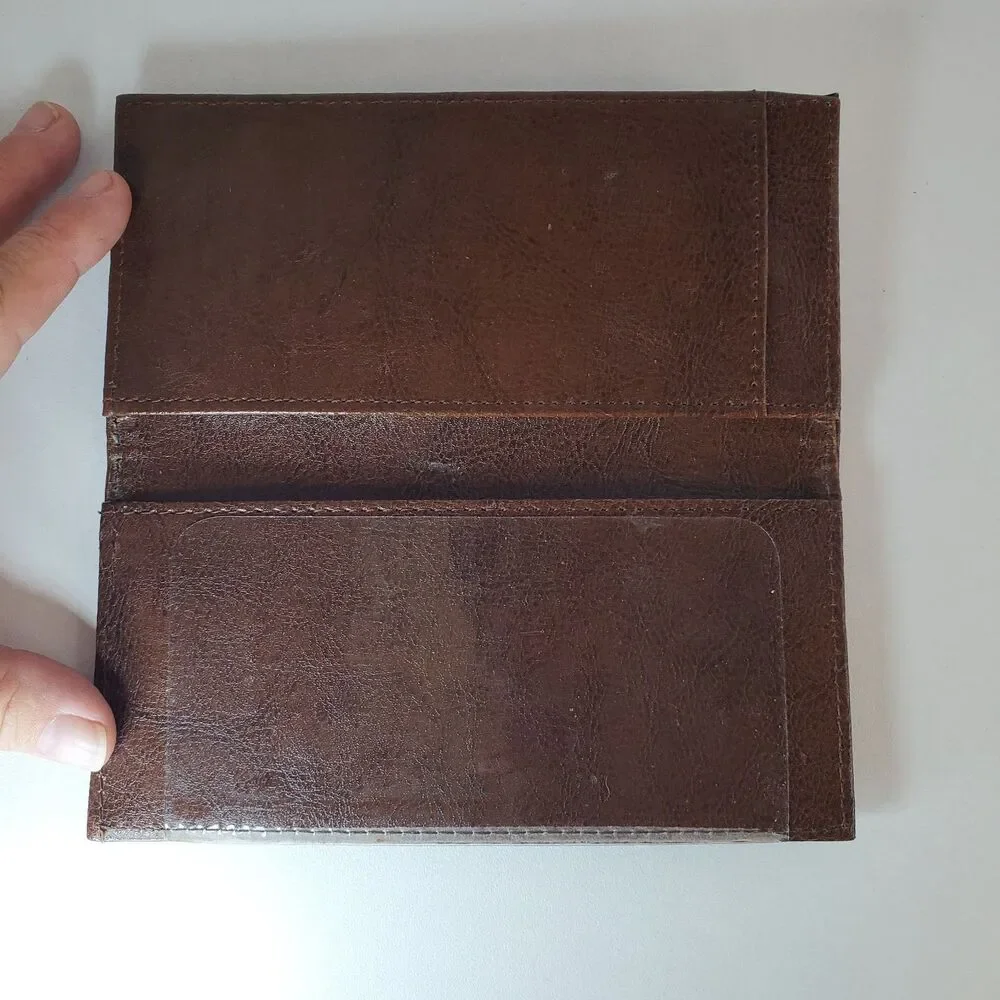 Men’s Brown Coated Leather Wallet Checkbook Embroidered Holy Cross Design NWOT